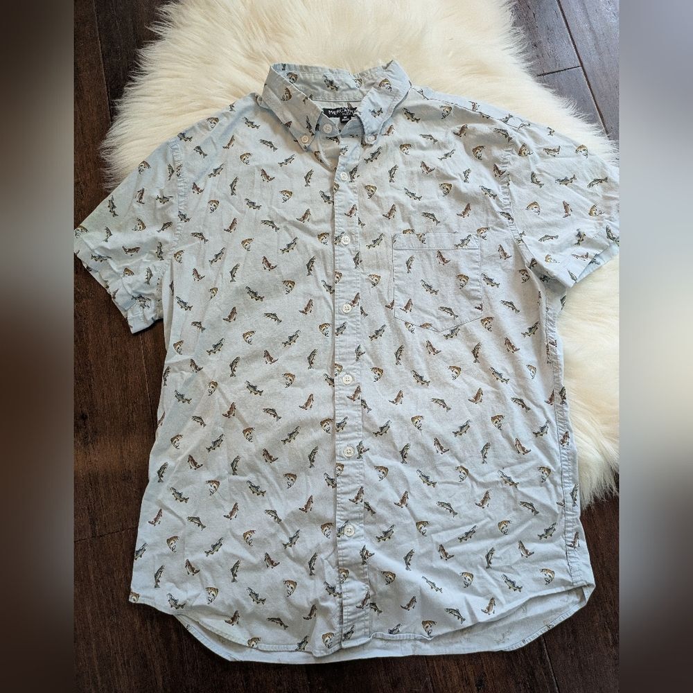 JCrew Mercantile Flex Shirt Bass Fish Printed Button Front Short Sleeve Shirt M